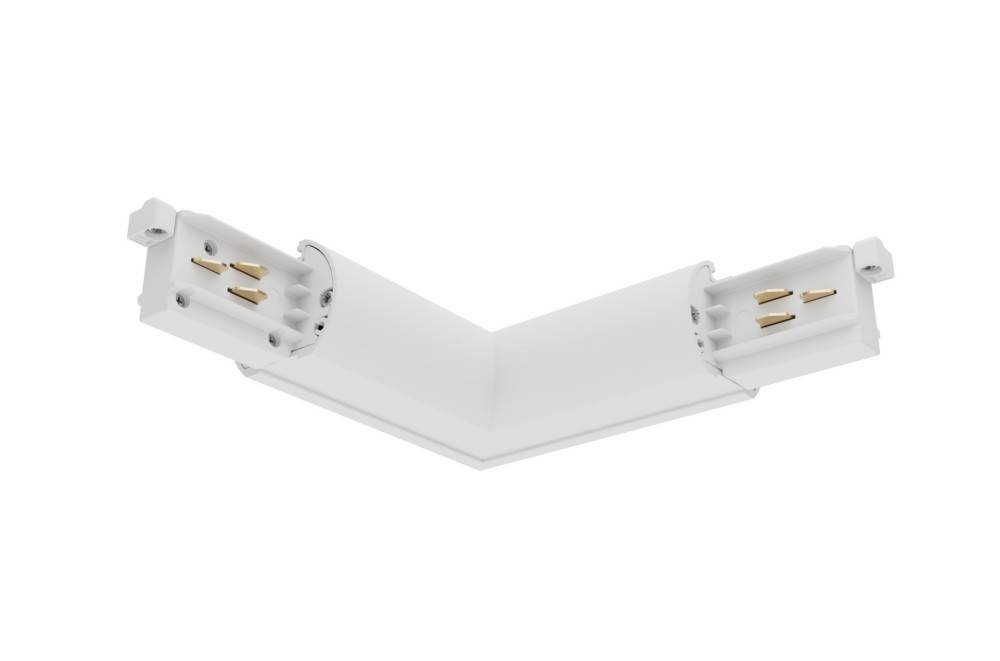 Ein L-förmiger weißer Deckenverbinder für Schienensysteme, der Metallverbinder und Endkappen auf beiden Seiten aufweist.