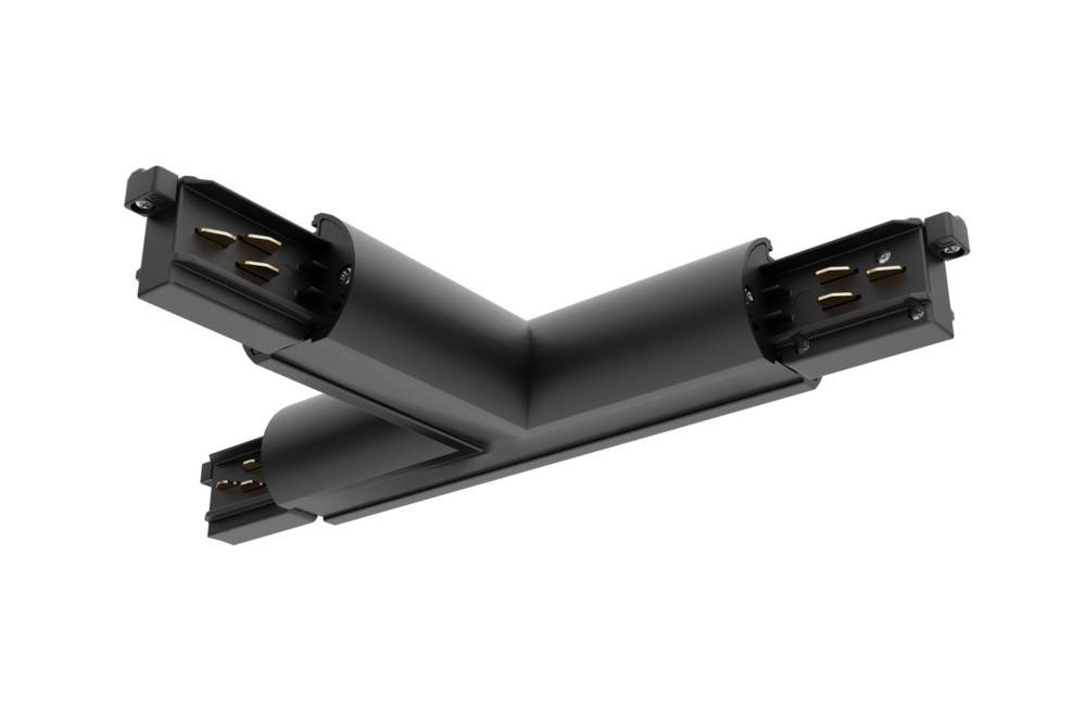 Schwarzer L-förmiger Beleuchtungsschienen-Verbinder mit elegantem Design, wird verwendet, um zwei Schienensegmente im 90-Grad-Winkel zu verbinden.