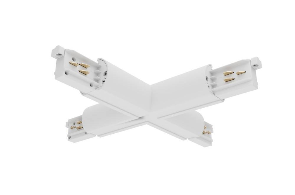 Ein weißer Elektroanschluss mit kreuzförmigem Design, das vier vorstehende Abschnitte mit Metallkontakten aufweist, die zum Verbinden von LED-Schienenleuchen verwendet werden.