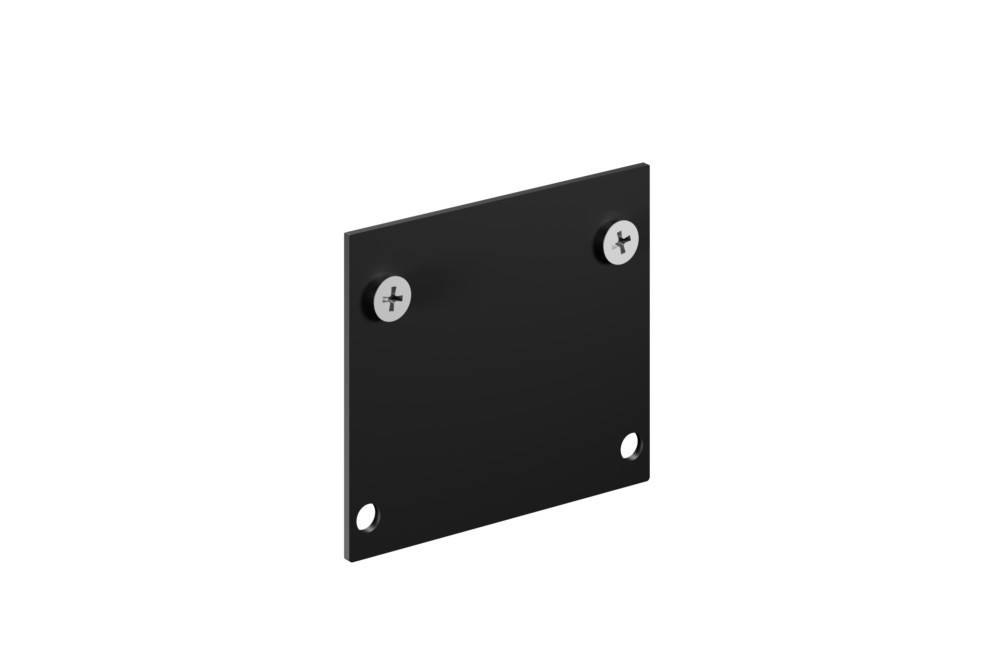 Eine schwarze Metallquadratplatte mit zwei Schraubenlöchern oben und zwei unten, entwickelt zum Montieren oder Befestigen.