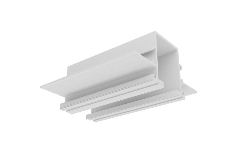 Ein weißes, rechteckiges Kunststoff-Extrusionsprofil mit mehreren Nuten und einem hohlen Mittelteil, wahrscheinlich für Struktur- oder Industrieanwendungen verwendet.