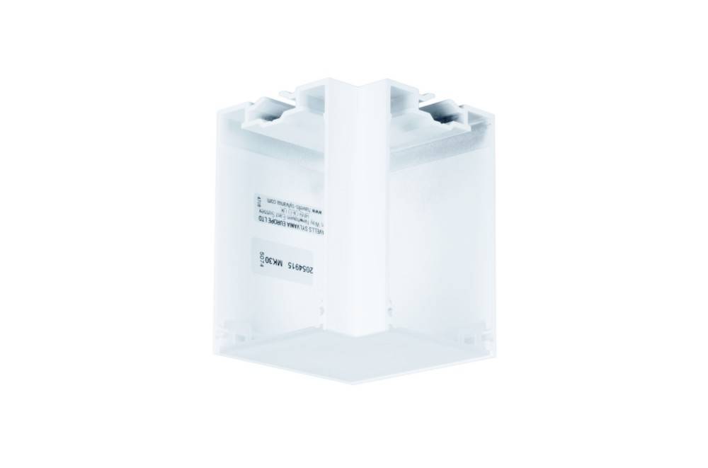 Eine minimalistische, würfelförmige Wandleuchte in Weiß mit glatter Oberfläche, ausgestattet mit nach unten und oben gerichteten Leuchtpanelen, geeignet für moderne Innenräume.