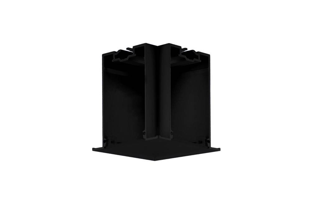 Eine schwarze, kantige Metallklammer oder Verbindungsstück mit symmetrischem geometrischem Design, wahrscheinlich für strukturelle Unterstützung oder Montage verwendet.
