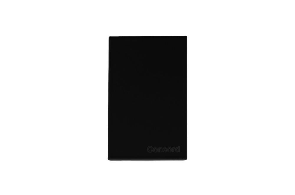 Notizbuch mit schwarzem Umschlag der Marke 'Concord', geschlossen.