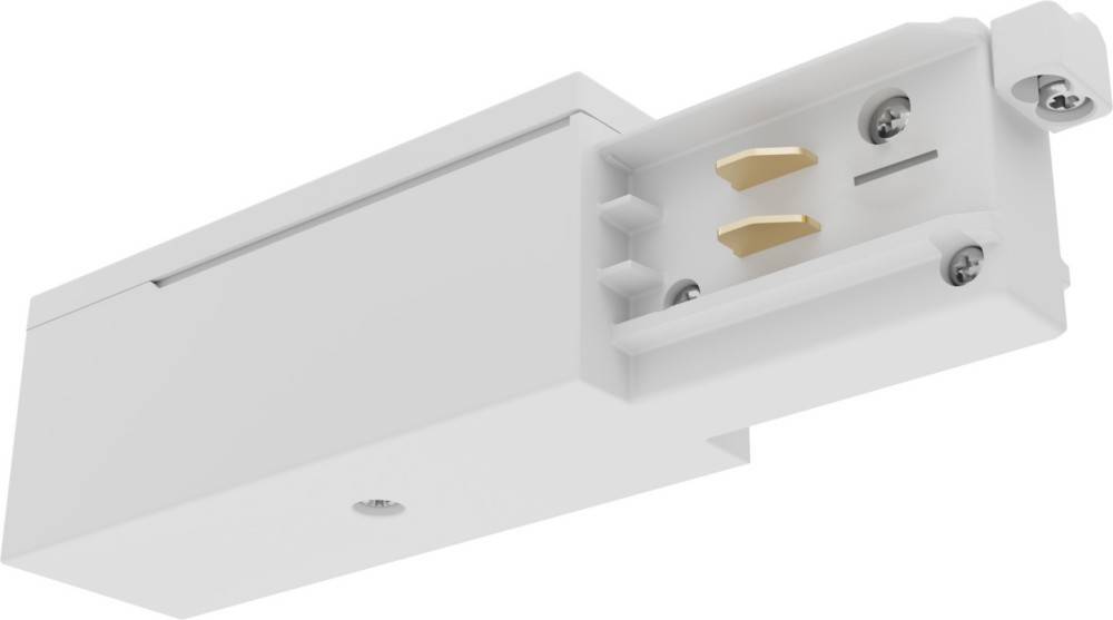 Ein weißer Kunststoffstecker mit zwei gelben Stiften, die innen herausragen, auf einer Deckenleiste montiert, möglicherweise Teil eines Beleuchtungssystems.