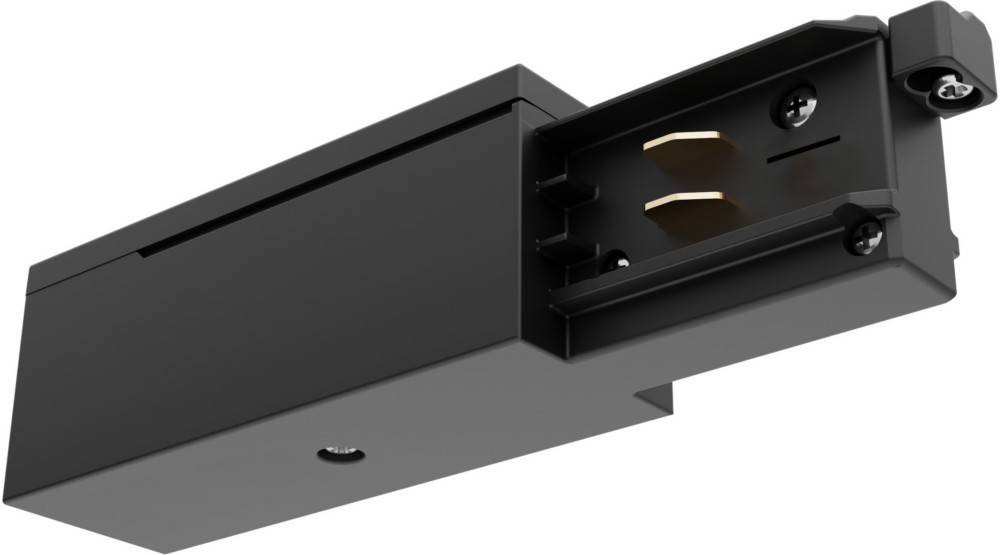 Ein schwarzer Stromschienenstecker, der zum nahtlosen Verbinden von zwei Stromschienenbereichen entwickelt wurde, ist in einer Nahaufnahme dargestellt.