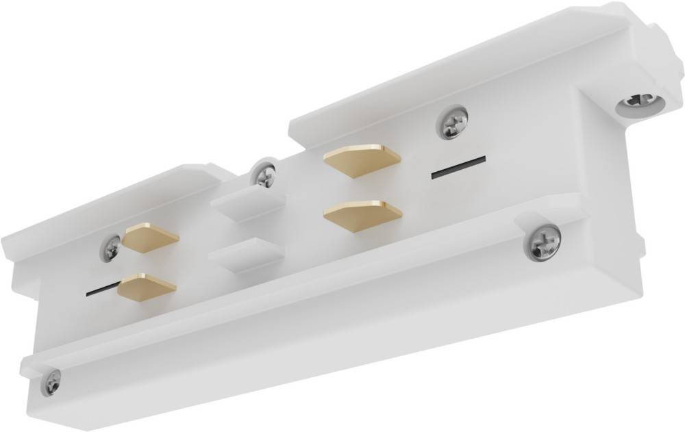 Nahaufnahme einer weißen elektrischen Schiene mit mehreren goldfarbenen Anschlüssen zur Befestigung von Leuchten gegen einen einfachen Hintergrund.
