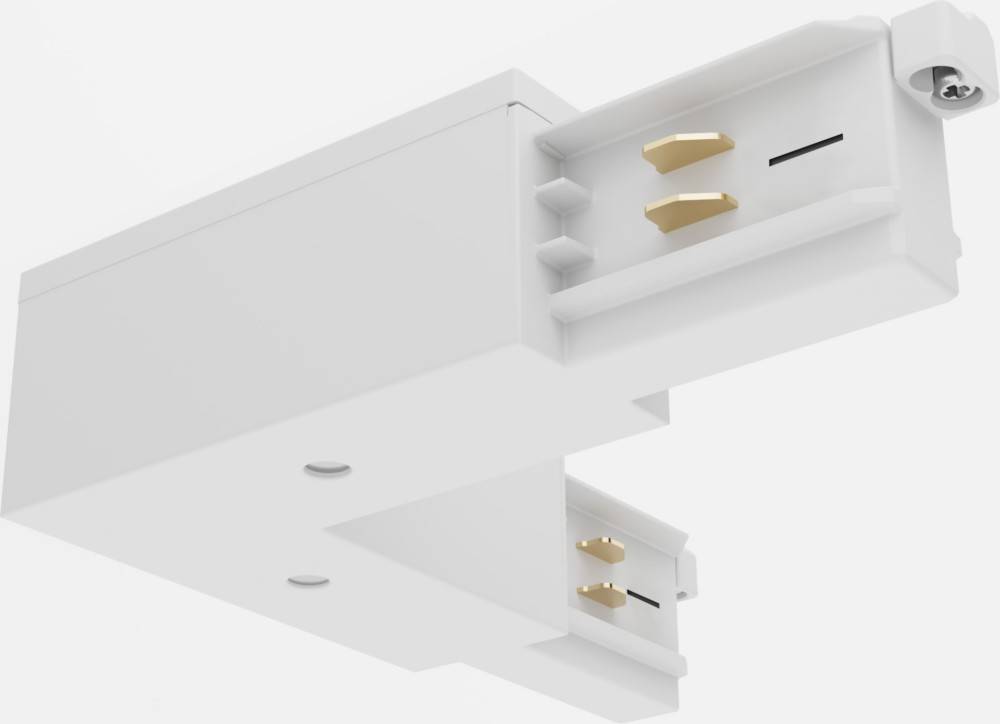 Zwei weiße Decken-Elektrosteckverbinder mit freiliegenden Messingkontakten, konstruiert für die Installation von Schienensystemen.