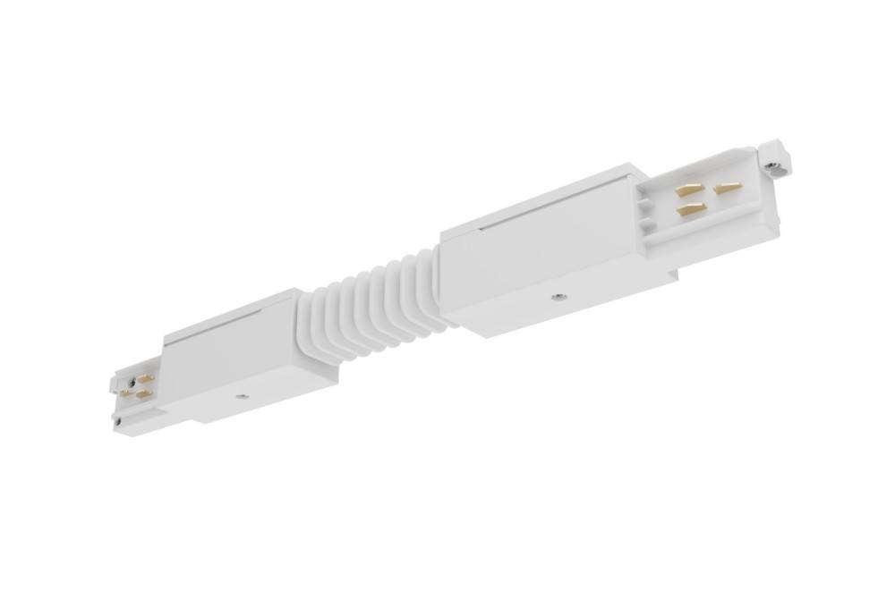 Ein weißer, flexibler Schienenstecker für Beleuchtungssysteme, der seine akkordeonartige Ausdehnung und rechteckige Stecker an jedem Ende zeigt.