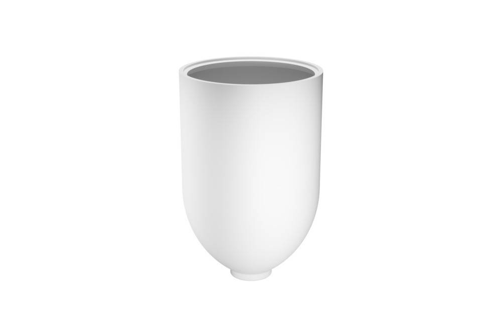 Eine schlichte, weiße, zylindrische Keramikvase mit abgerundeter Basis vor neutralem Hintergrund.