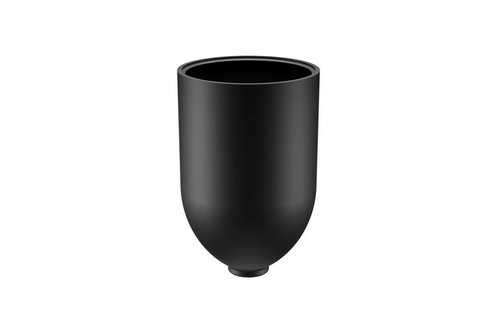 Eine elegante, schwarze matte Tasse mit minimalistischem Design, aufrecht auf weißem Hintergrund stehend. Perfekt für moderne Dekoration oder Küchennutzung.