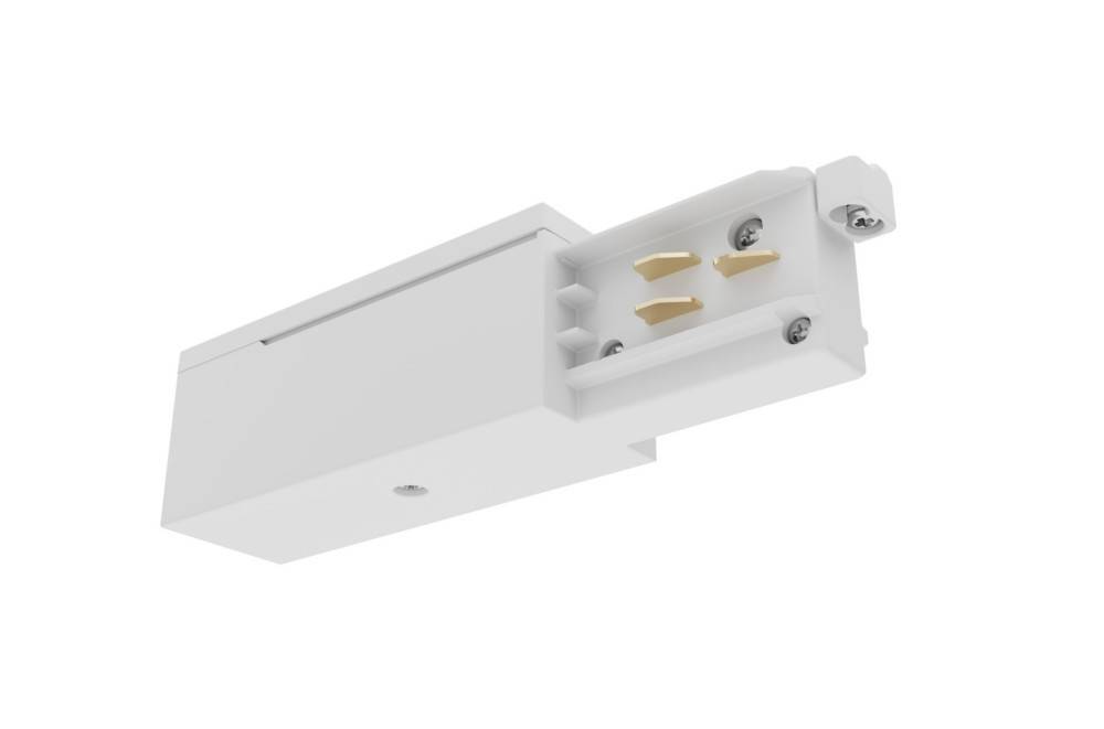 Deckenleuchten-Schienenstecker mit je zwei Schrauben auf jeder Seite und drei goldenen Kontaktstiften für die elektrische Verbindung.