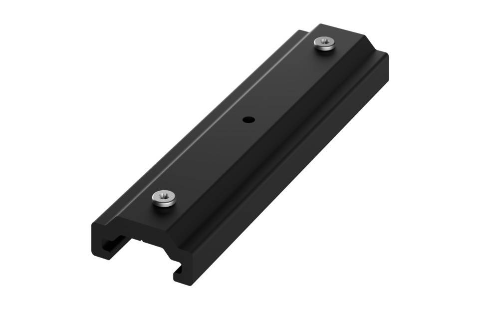 Eine schwarze Metallschiene mit je zwei silbernen Schrauben an jedem Ende und einem zentralen Loch, wahrscheinlich für die Montage oder Befestigung von Objekten verwendbar.