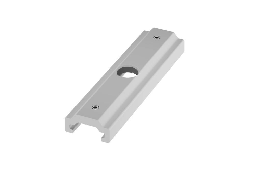 Eine graue Metallmontageklammer mit zwei Schraubenlöchern und einer kreisförmigen Aussparung in der Mitte, die zum Befestigen von Geräten oder Komponenten verwendet wird.
