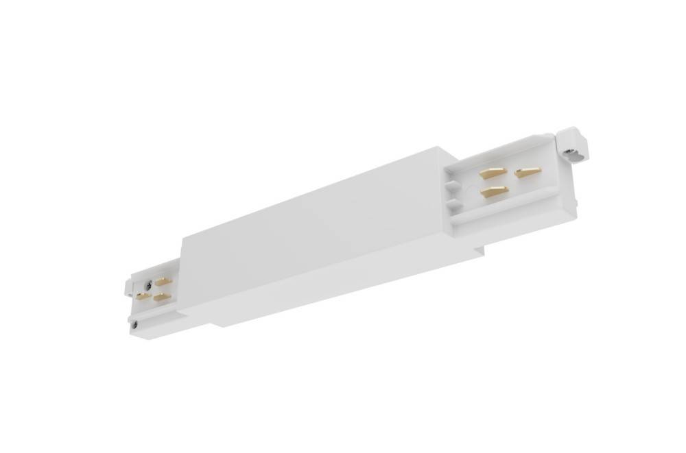 Ein weißer elektrischer Schienenstecker mit Metallstiften, wahrscheinlich für Schienenleuchtensysteme verwendet. Das Bauteil scheint zum Verbinden von Schienen ausgelegt zu sein.