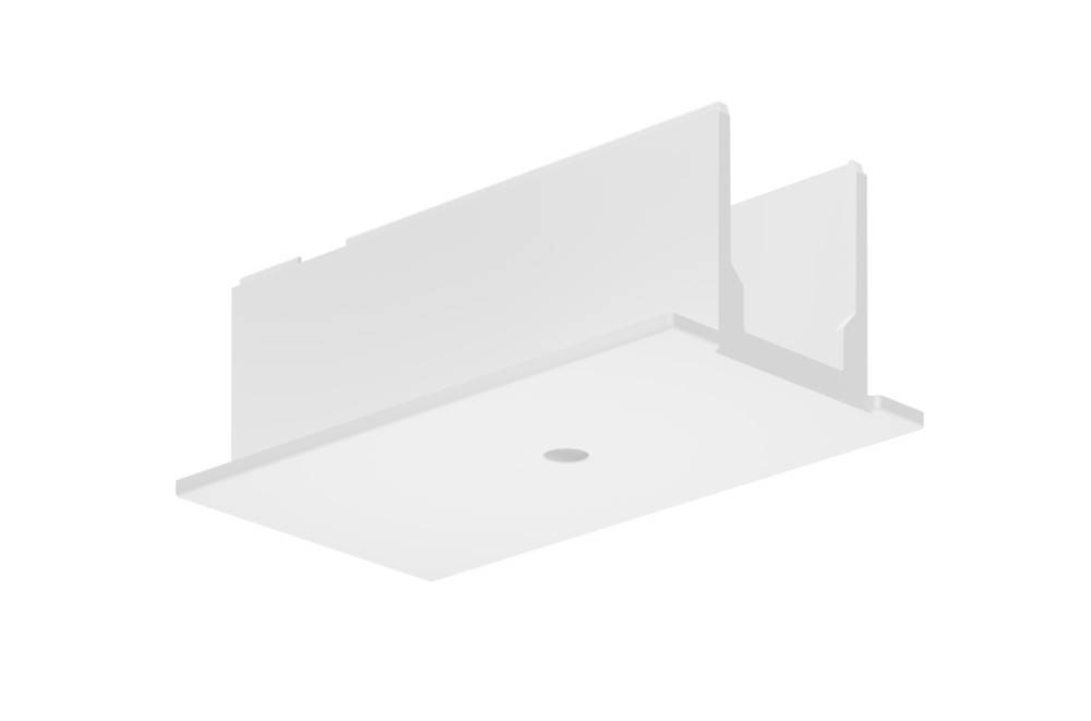 Transparente Klammer auf weißem Hintergrund mit quadratischer Basis, Schlitz und zentralem Kreisloch.