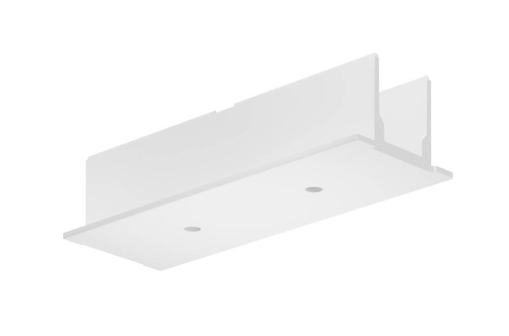 Ein weißes, rechteckiges Regal im Winkel, das ein einfaches, minimalistisches Design mit sauberen Kanten und zwei sichtbaren Löchern zur Befestigung zeigt.