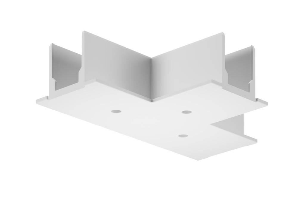 Ein weißer Deckenabhänger T-Stangen-Kreuzverbinder für abgehängte Deckensysteme, mit einem vierseitigen Design und vorgebohrten Löchern zur Installation.