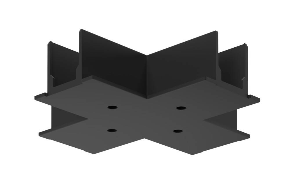 Ein schwarzes, X-förmiges Metallbracket mit vier Bohrungen, das zum Verbinden von Trägern konzipiert ist und strukturelle Unterstützung in Bau- oder Montageprojekten bietet.