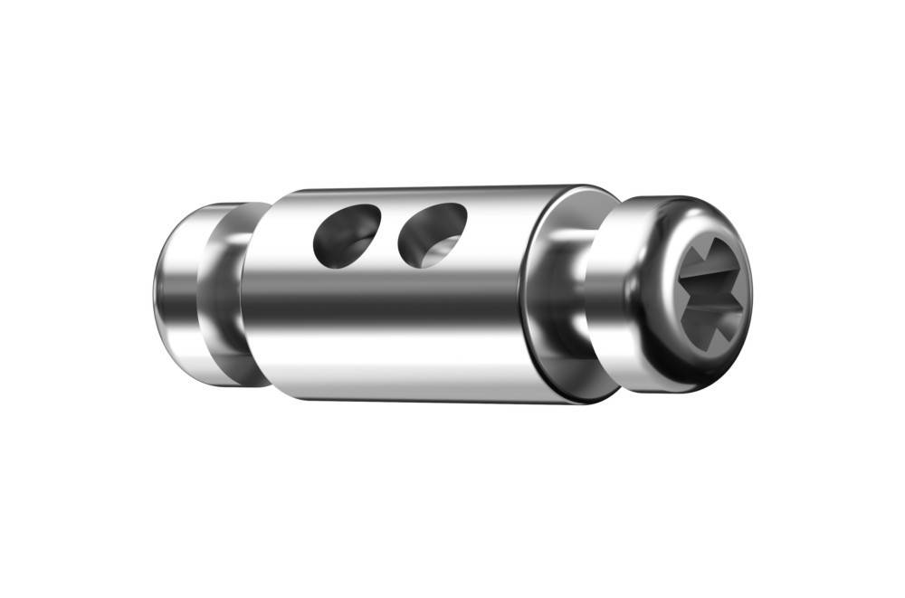 Ein glänzender Metallzylinder mit zwei Löchern und einem Schraubenkopf an einem Ende, möglicherweise ein Verbindungs- oder Befestigungsteil.
