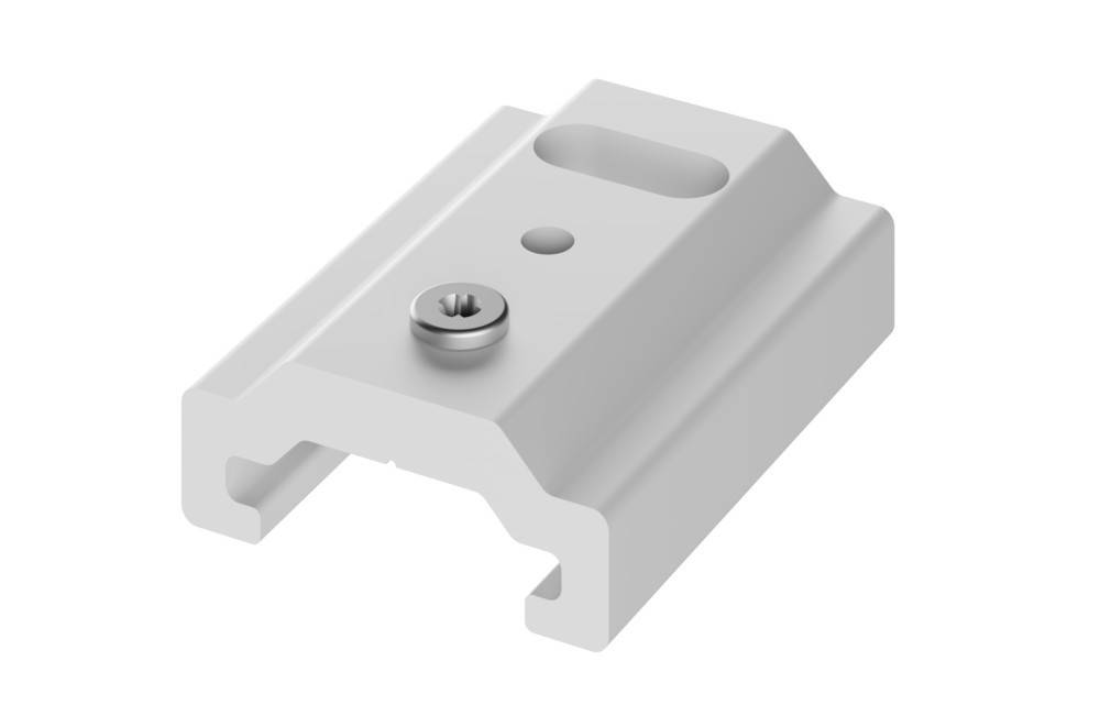 Ein weißes Metallmontagebracket mit einer zentralen Schraube, das zum Befestigen oder Verbinden von Komponenten in Bau- oder Montageprojekten entwickelt wurde.