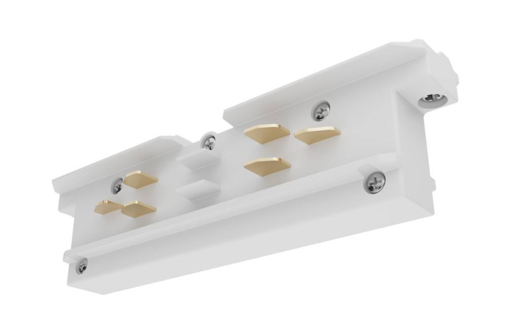 Weißer rechteckiger LED-Schienenlicht-Adapter mit Goldkonnektoren und vier sichtbaren Schrauben.