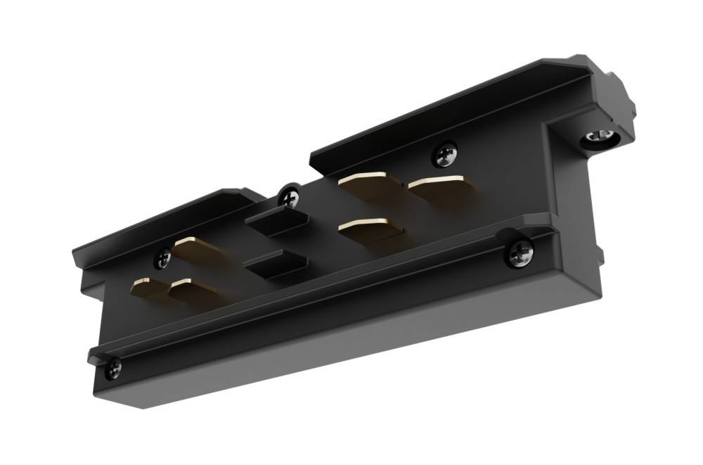 Ein schwarzer Elektrostecker mit mehreren Metallkontakten, aus einem flachen Winkel betrachtet, mit Schraubenlöchern zur Befestigung.