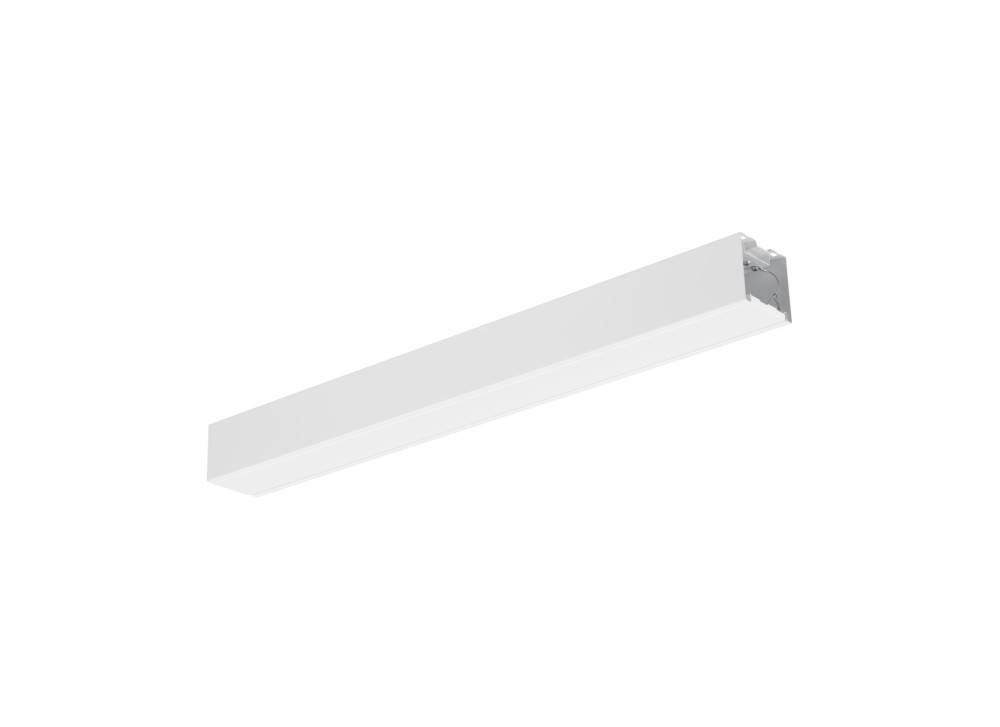 Eine weiße, rechteckige LED-Leuchte für die Deckenmontage mit schlankem, minimalistischem Design, das sich für moderne Innenräume eignet.