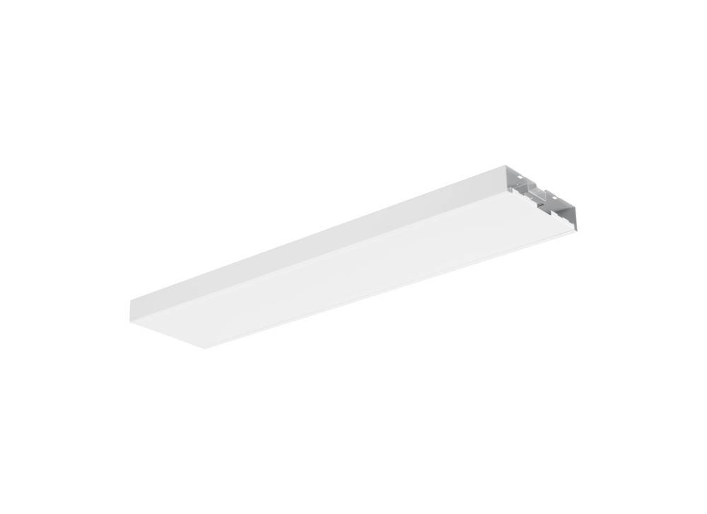 Ein weißes rechteckiges LED-Deckenleuchten-Fixture wird gezeigt, dargestellt in einem Winkel, um sein elegantes und minimalistisches Design zur Geltung zu bringen.