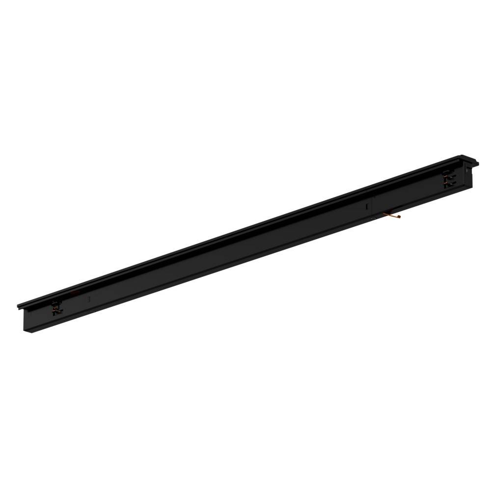 Ein schwarzes, rechteckiges Schienensystem-Einzelteil für Schienenlicht-Systeme, das den elektrischen Stecker und die Montageschlitze zeigt.