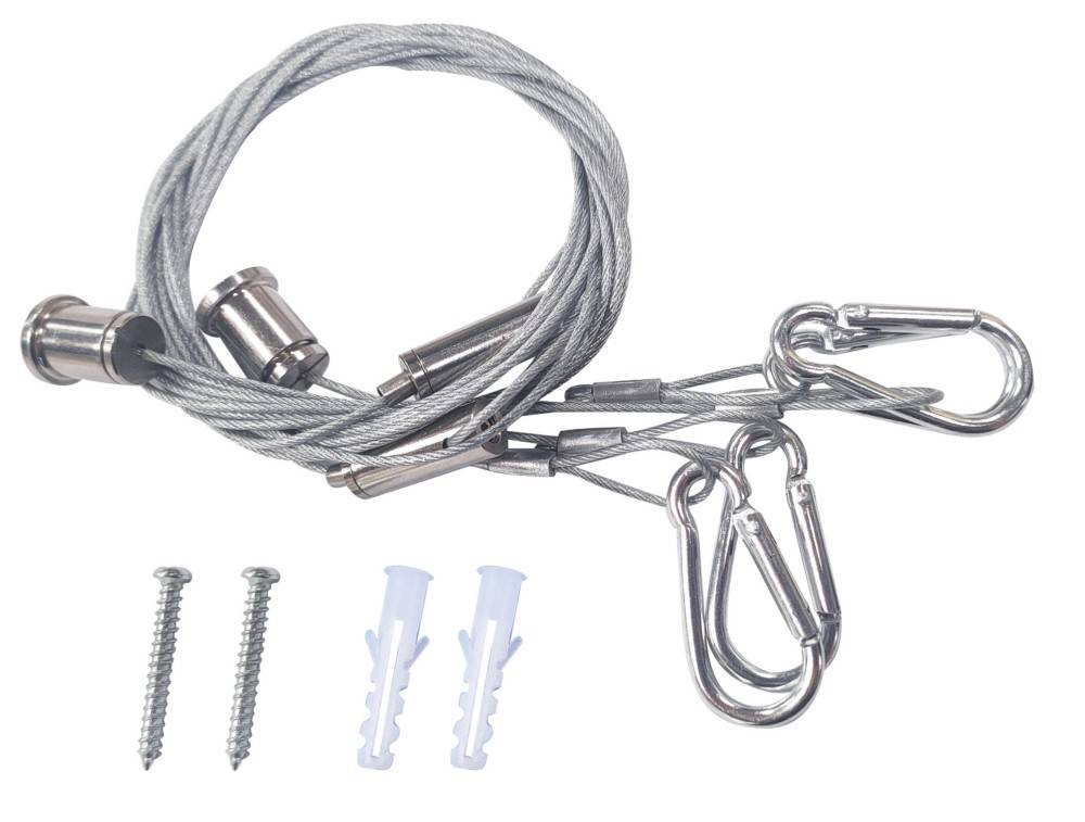 Ein Aufhängedraht-Set mit Metallkabel, Clips und Haken zur Unterstützung von Kunstwerken oder Ausstellungen. Einschließlich Schrauben und Dübel für die Installation.