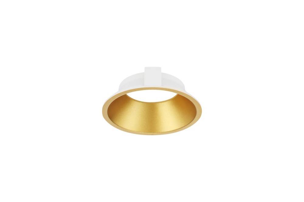 Eine weiße und goldene Einbaudeckenleuchte mit kreisförmigem Design.