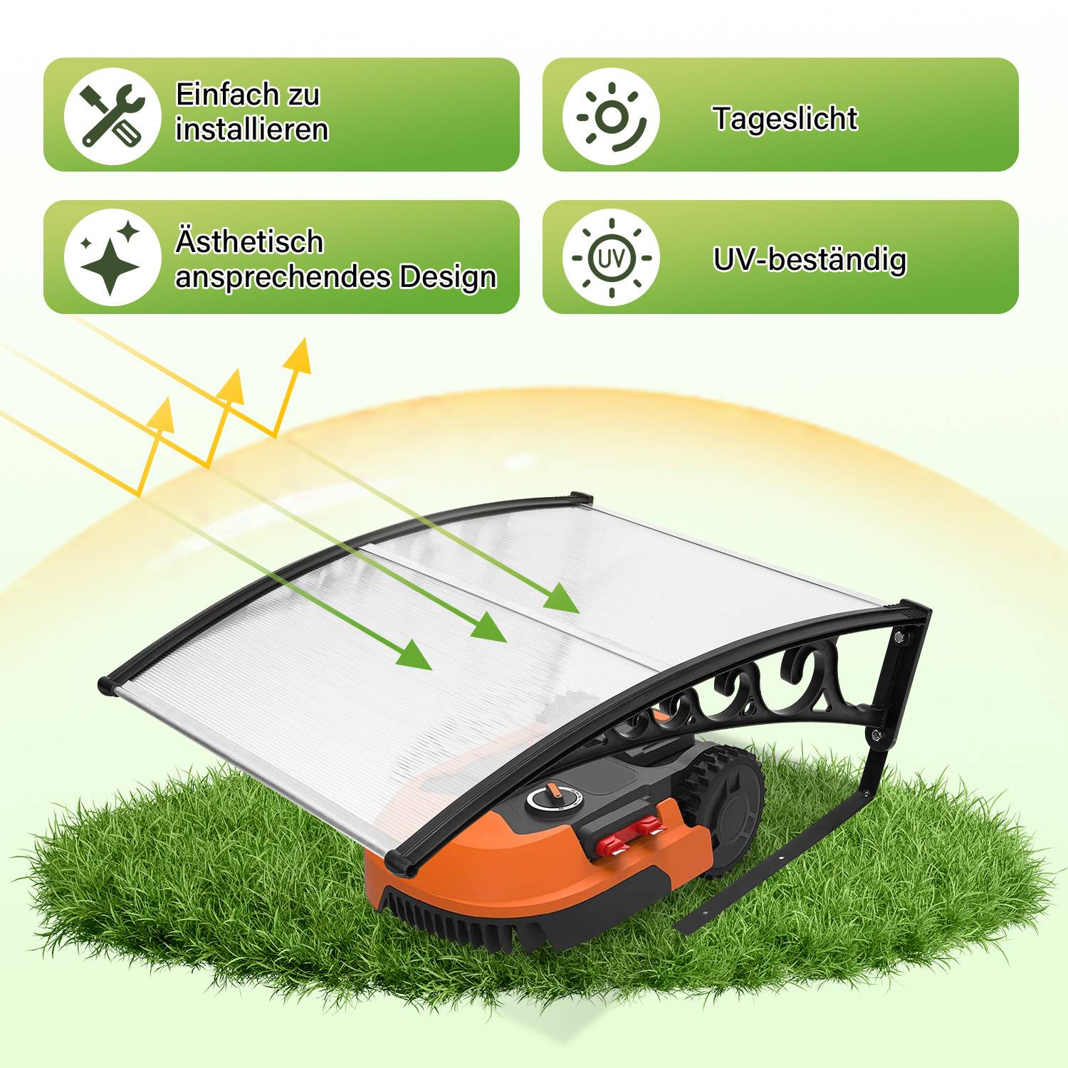 Ein Roboter-Rasenmäher wird unter einem kleinen, klaren, schützenden Baldachin auf Gras gezeigt. Icons heben Funktionen hervor: einfache Installation, ästhetisches Design, Tageslicht-kompatibel, UV-beständig.