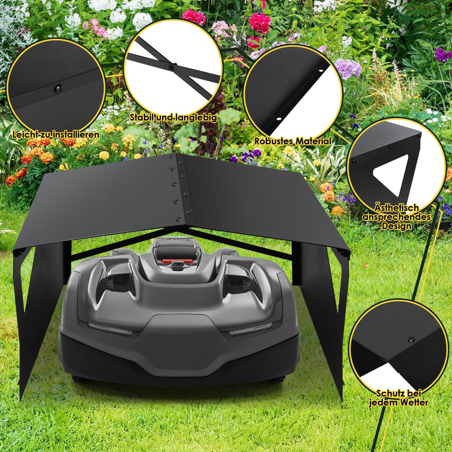 Ein Rasenmähroboter unter einem schwarzen, robusten Unterstand mit stabilem, ästhetischem Design. Eingefügte Bilder zeigen die Materialstärke und die einfache Montage. Umgeben von leuchtenden Blumen und Gras.