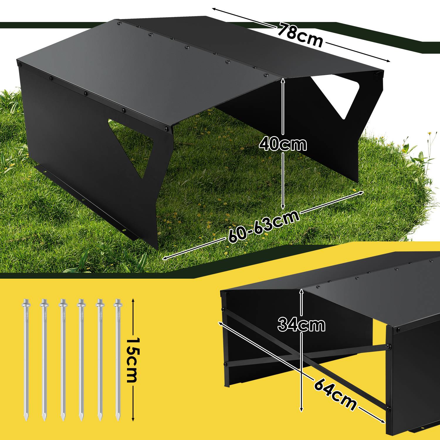 Outdoor-Katzenschutz auf Gras mit Abmessungen: Dach 78cm breit, Schutz 40cm hoch, Basis 60-63cm breit, Vorderpanel 34cm hoch, Tiefe 64cm. Inklusiv Heringe.