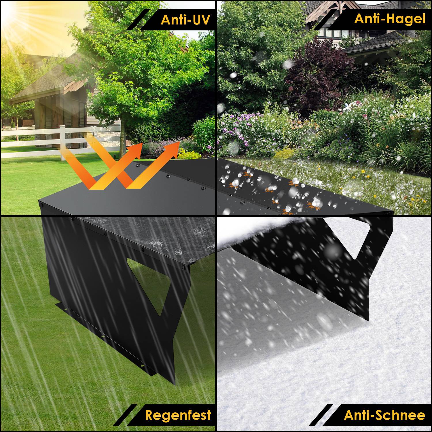 Bildcollage, die die Schutzfunktionen einer Gartentischhusse illustriert: UV-Schutz, Hagelschutz, Regenfest und Schneeresistent.