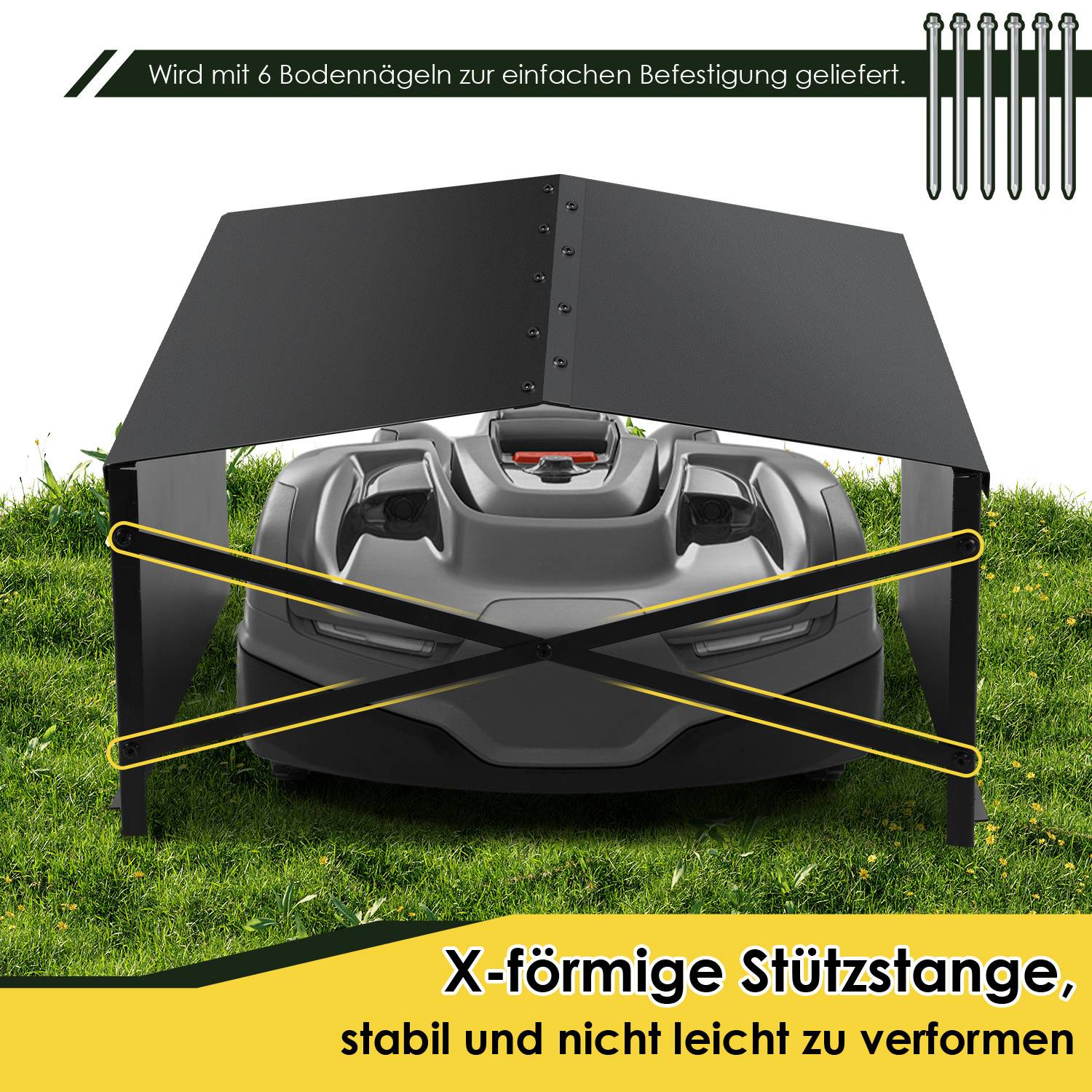 Ein schwarzes Auto unter einem schwarzen Schutzrahmen mit gelben Stützgurten, die sich vorne kreuzen. Deutscher Text beschreibt Stabilitätsmerkmale.