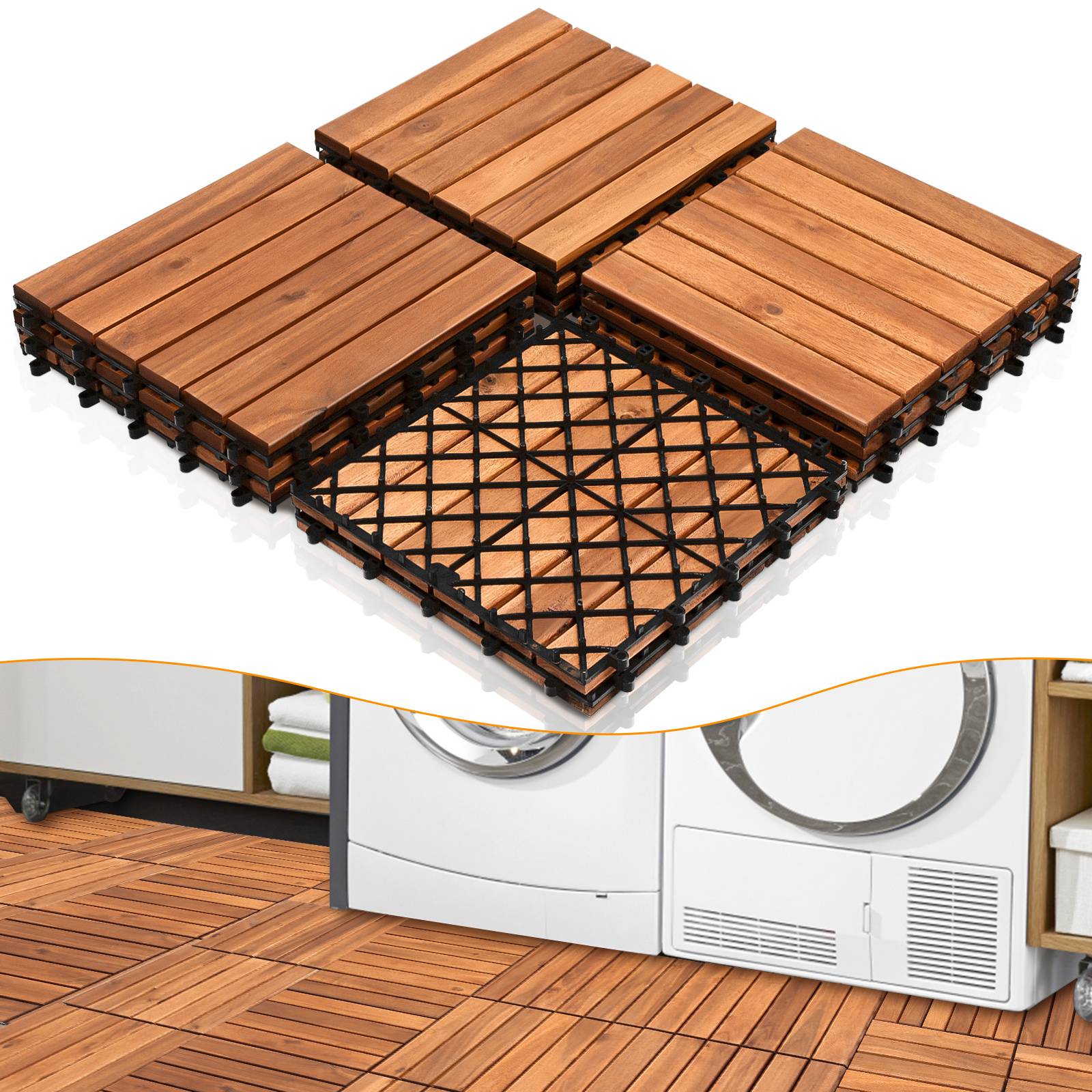 Hölzerne verschachtelte Bodenfliesen in einem Waschraum verlegt, die ein ordentliches, modulares Design mit warmen Tönen zeigen und die Ästhetik des Raumes verbessern.