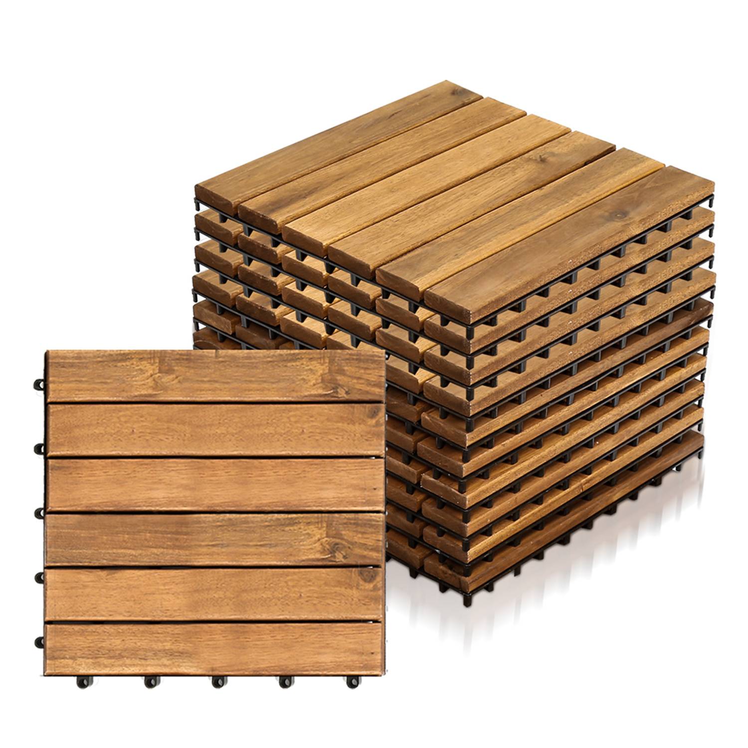 Ein Stapel von ineinander greifenden braunen Holz-Terrassenplatten mit einer Nahaufnahme einer Platte, die das Dielendesign und die Verbindungspunkte zeigt.