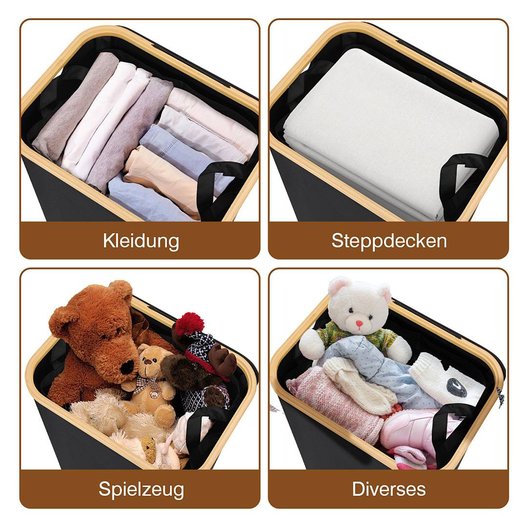 Vier beschriftete Abschnitte von Aufbewahrungsbehältern: 'Kleidung' mit gefalteter Kleidung, 'Steppdecken' mit Decken, 'Spielzeug' mit Plüschtieren, 'Diverses' mit verschiedenen Gegenständen.