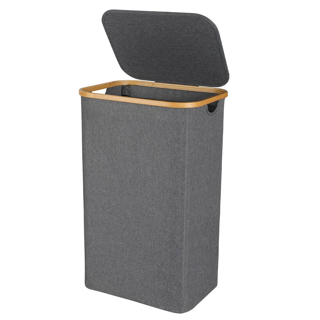 Ein hohes, rechteckiges, graues Wäschekorb aus Stoff mit offenem Deckel aus Holzrahmen, das ein modernes und minimalistisches Design zur Schau stellt.