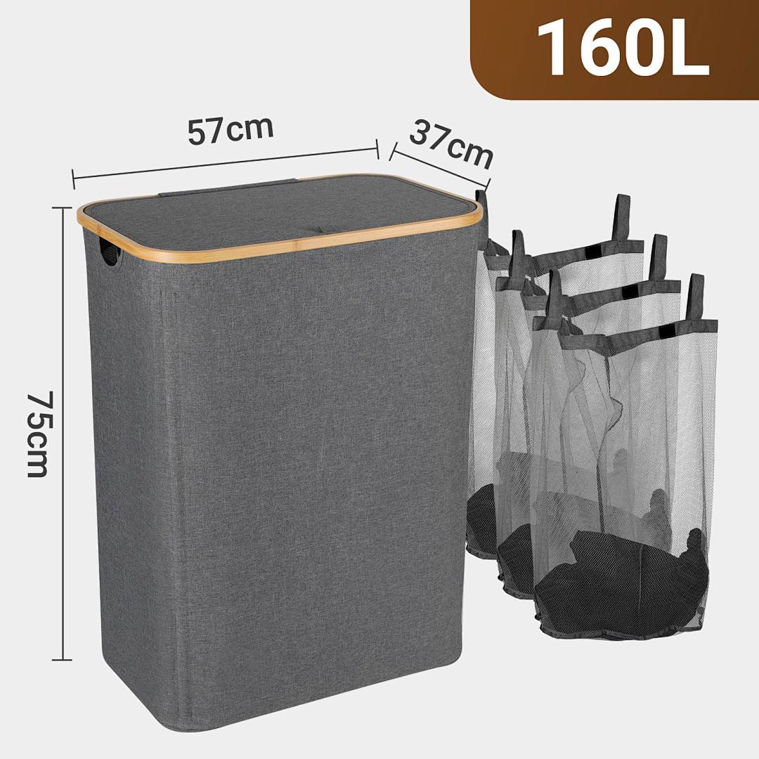Wäschekorb mit 160L Fassungsvermögen und den Abmessungen: 75cm Höhe, 57cm Breite, 37cm Tiefe. Verfügt über einen grauen Stoff mit einer Holzoberkante.