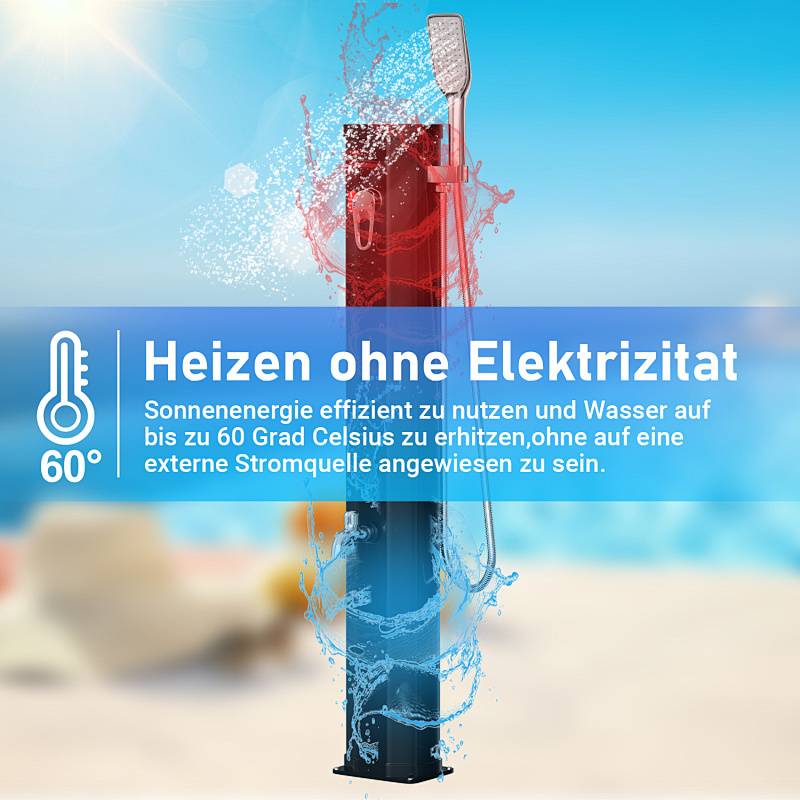 Eine Außendusche mit Solarenergie mit auf 60 Grad Celsius erhitztem Wasser. Der deutsche Text bewirbt eine Heizung ohne Strom.