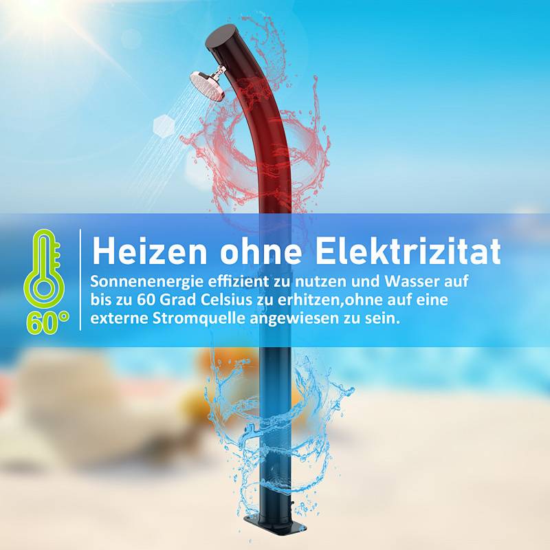 Eine Außendusche mit geschwungener Gestaltung, die Heizung ohne Strom präsentiert. Ein Thermometer zeigt 60°C und symbolisiert Energieeffizienz.