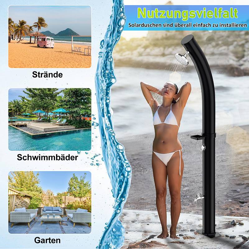 Strand-, Pool- und Gartenszenen mit einer Frau, die eine Außensolardusche benutzt. Text: „Nutzungsvielfalt: Solarduschen sind überall einfach zu installieren