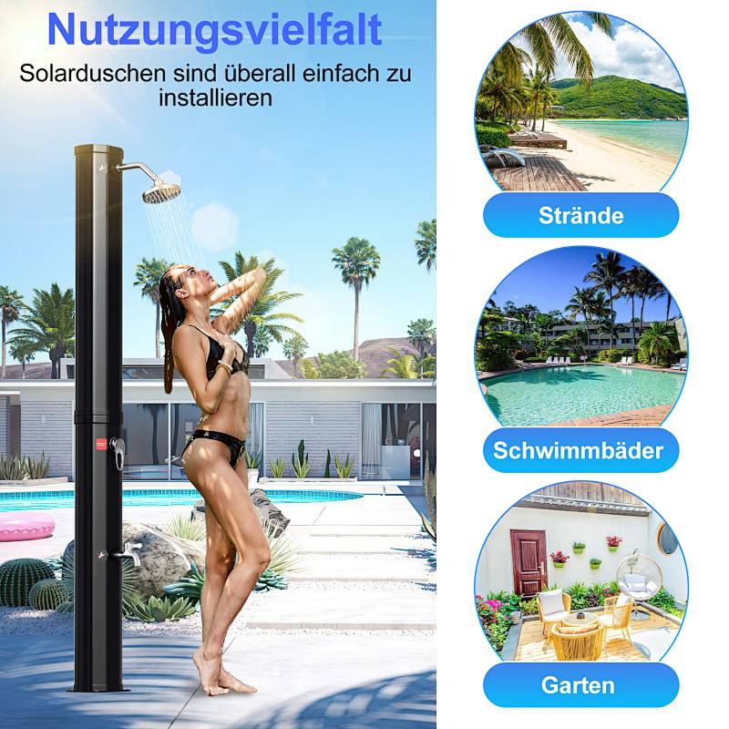 Eine Frau im Badeanzug benutzt eine outdoor Solardusche in der Nähe eines Pools. Der Text hebt Installationsorte hervor: 'Strände', 'Schwimmbäder', 'Garten'.
