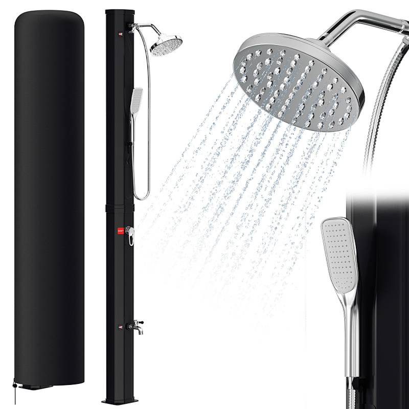 Tragbares Solarduschensystem mit schwarzem Tank, verstellbarem Duschkopf und tragbarer Düse für Garten- oder Poolnutzung.