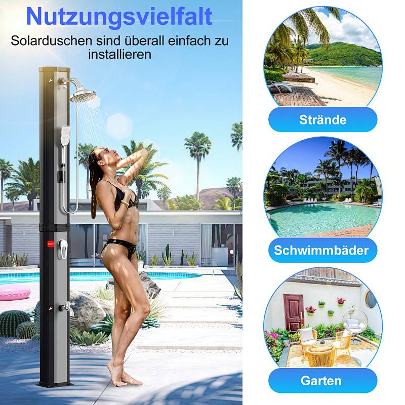 Eine Frau benutzt eine Außen-Solardusche neben einem Pool. Text liest: 'Vielseitige Nutzung - Solarduschen sind überall einfach zu installieren: Strände, Schwimmbäder, Garten.