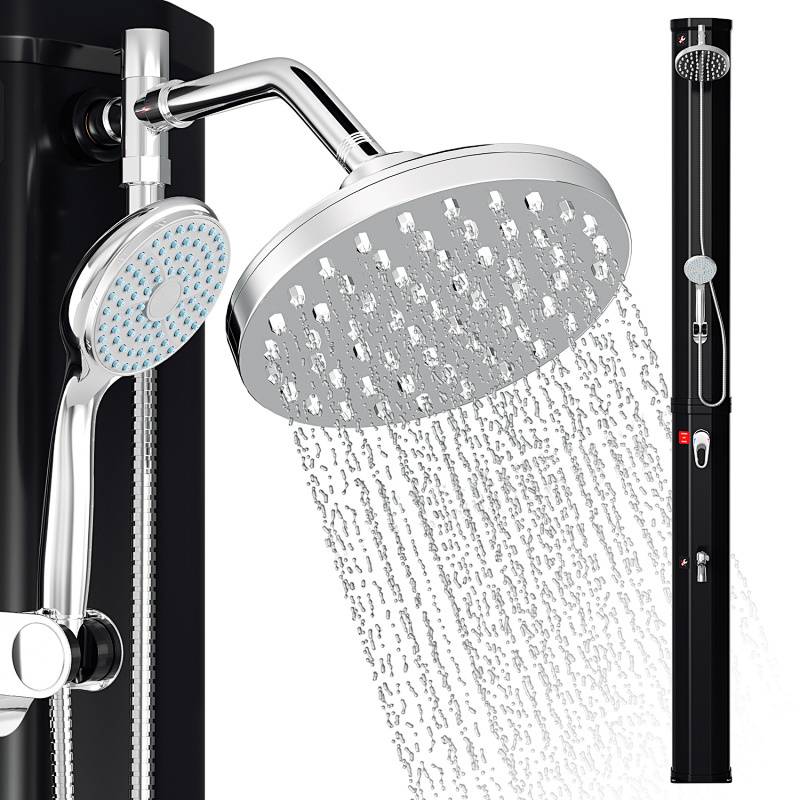 Doppelkopfduschsystem mit wandmontiertem und tragbarem Duschkopf, das Wasserstrahlen abgibt. Duschpaneel in Seitenansicht dargestellt.