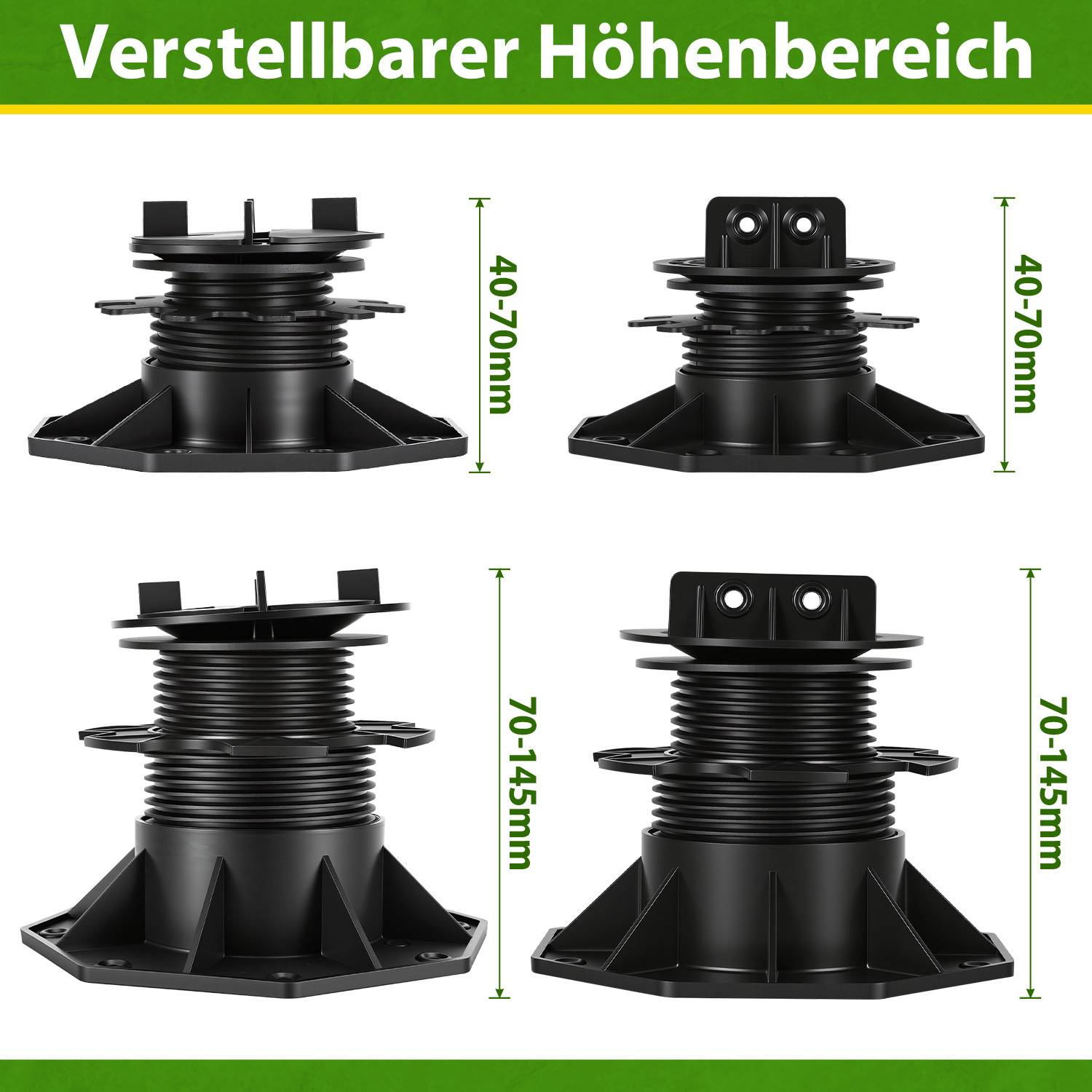 Vier verstellbare Sockelstützen in zwei Höhenbereichen dargestellt: 40-70 mm und 70-145 mm, mit grüner und gelber Kopf- und Fußzeile.